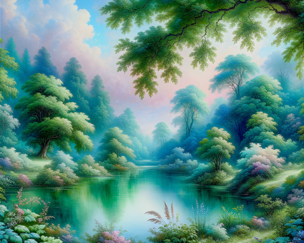 Tranquil Lake Surrounded by Lush Greenery and Foliage