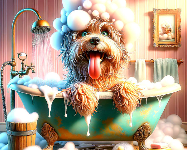 Fluffy dog bathes in clawfoot tub with long tongue and soap suds