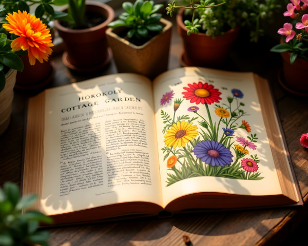 Open Book with Flower Illustrations on Wooden Table