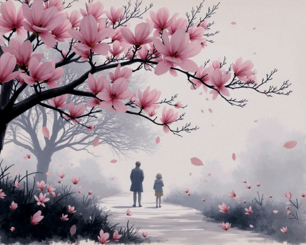 Serene Landscape with Pathway and Magnolia Flowers
