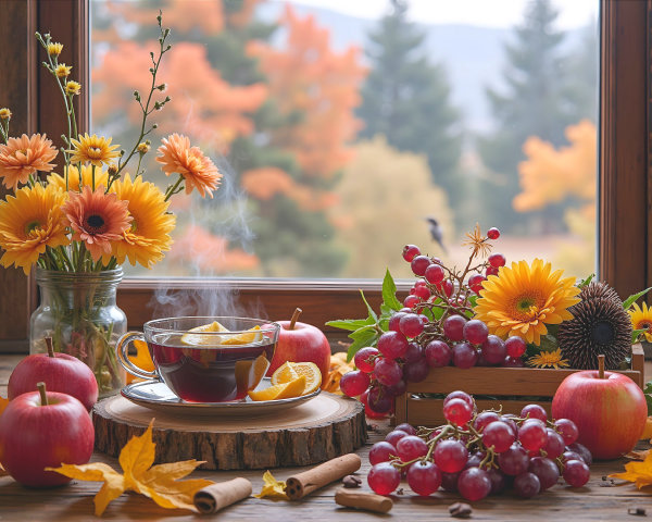 Cozy Autumn Scene with Spiced Tea and Fall Foliage