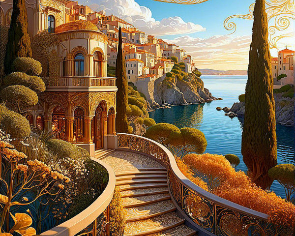 Serene Coastal Landscape with Ornate Golden Structure