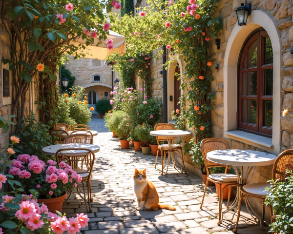 Charming Cobblestone Alley with Vibrant Flowers and Cat
