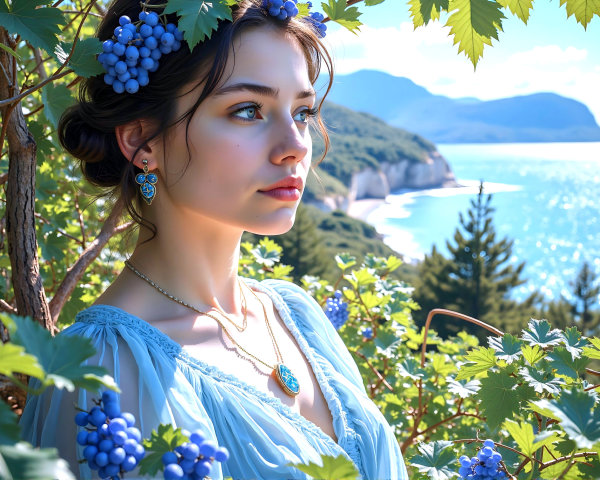 Serene Young Woman in Floral Accents and Coastal Scene