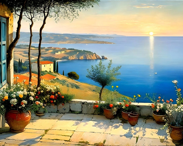 Serene Balcony with Coastal Landscape at Sunset
