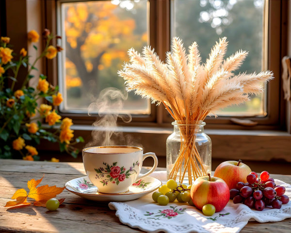Cozy Tea Setting with Floral Teacup and Fresh Fruit