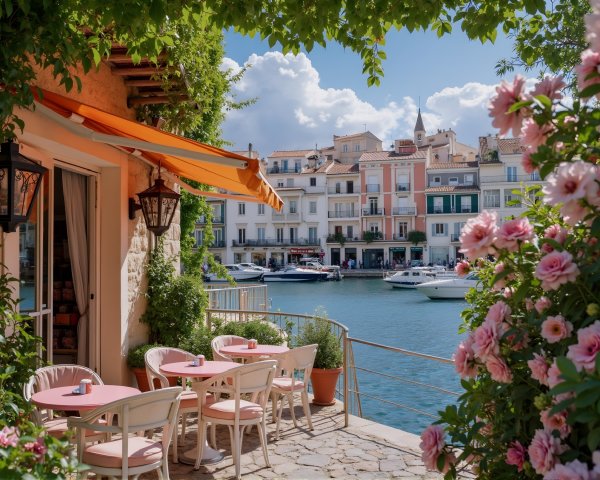 Waterfront Café with Pastel Décor and Scenic Views