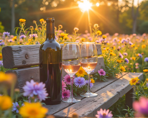 Wine and Glasses on Bench in Flower Field at Sunset