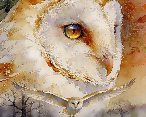 Close-Up Watercolor of Barn Owl with Flight Detail
