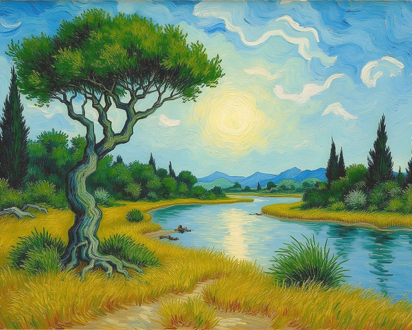 Serene Landscape with River, Trees, and Mountains