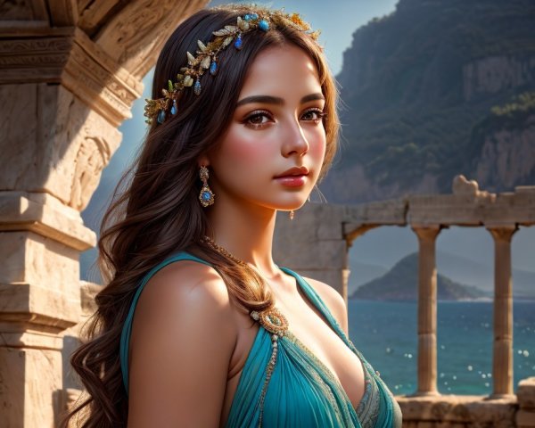 Woman in Teal Dress with Jeweled Headpiece at Ancient Temple