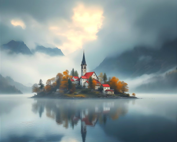 Serene Island Village with Church and Autumn Landscape