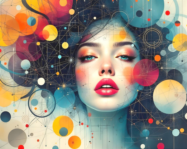 Portrait of a woman with vivid blue eyes and abstract art