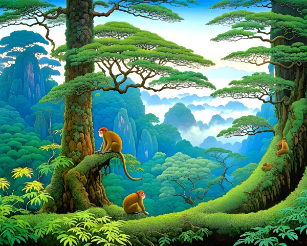 Vibrant Landscape with Colorful Trees and Monkeys