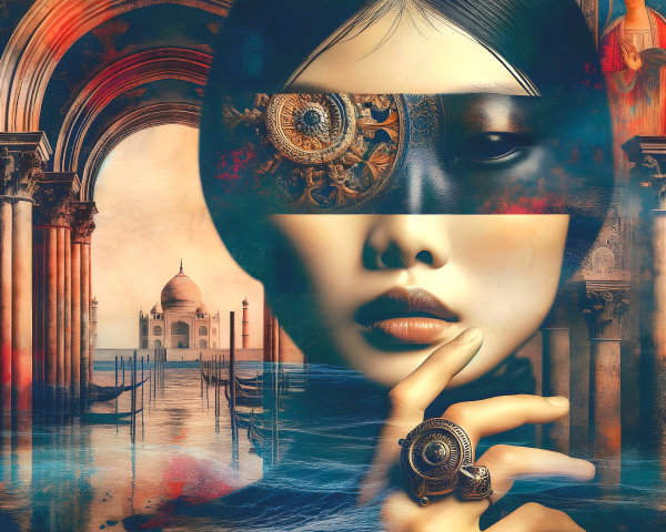 Mysterious Woman with Mechanical Eye in Surreal Setting