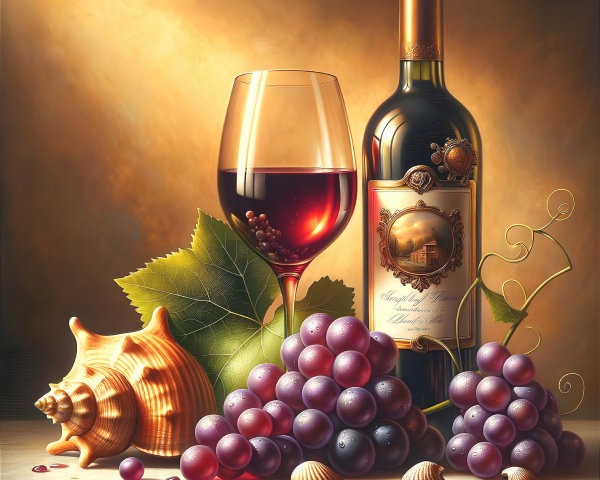 Red Wine Bottle and Glass with Grapes and Shells