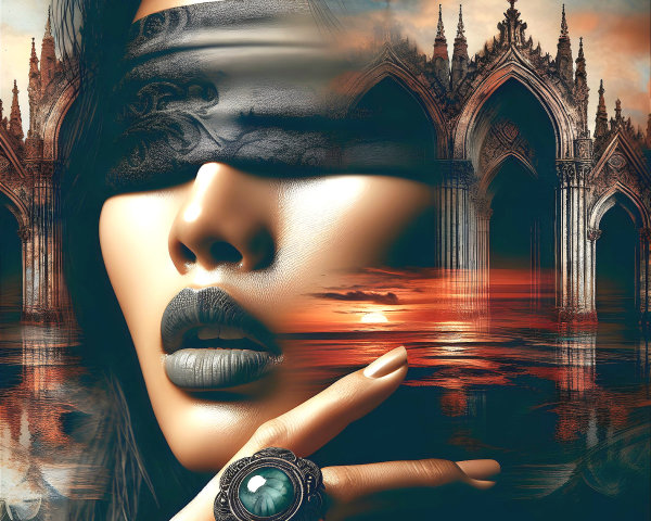 Close-up of a blindfolded woman with sunset backdrop