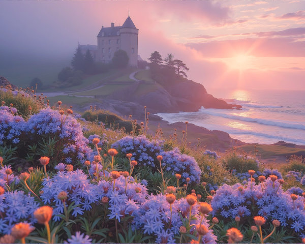 Charming Castle on Picturesque Coastline at Sunrise