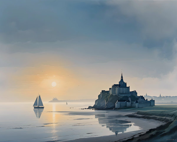 Coastal Landscape with Castle at Sunset and Sailboat