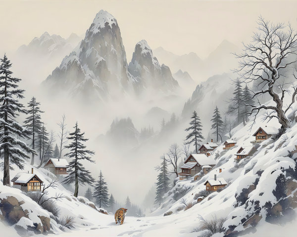 Winter Mountain Landscape in Traditional Ink Wash Style