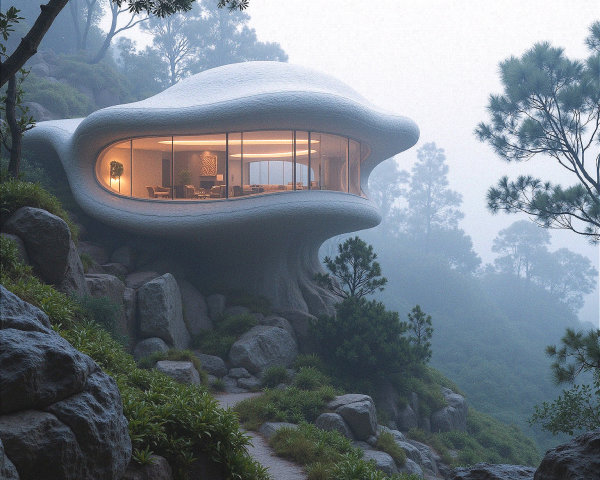 Futuristic Organic-Shaped House on Rocky Hillside