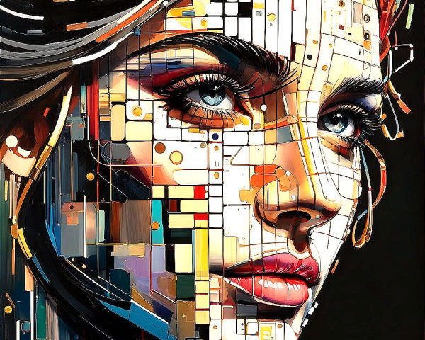Colorful digital painting of a woman's face with geometric patterns and vivid colors blending abstract and realistic elements
