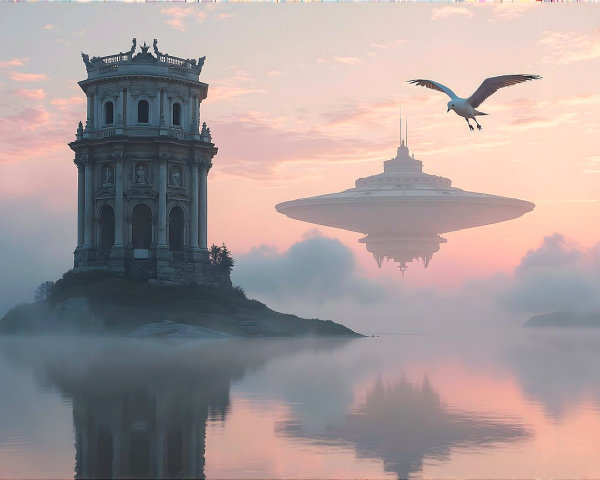 Serene landscape with classical tower and UFO at dawn