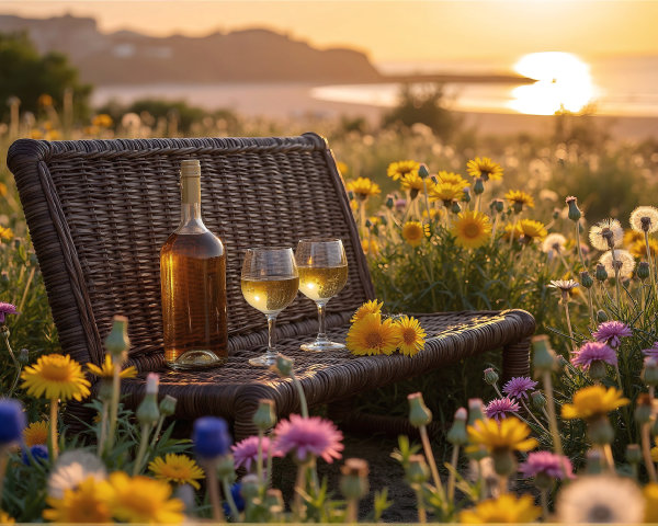Serene Sunset with Wicker Chair and Wildflowers