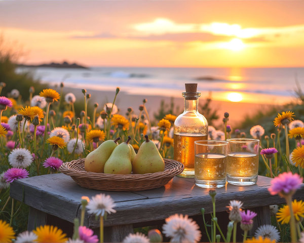 Serene Beach Sunset with Wildflowers and Pears