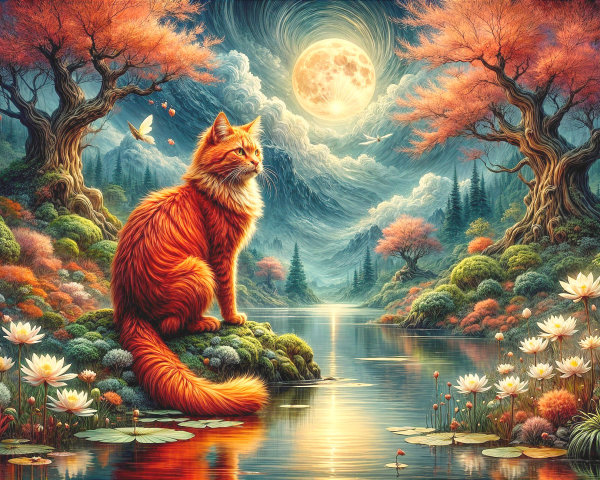 Orange Cat by Serene Lake Under Full Moonlight