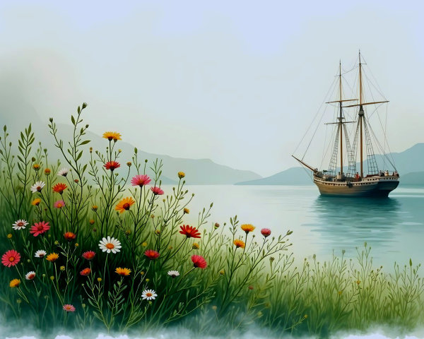 Serene Water Scene with Wildflowers and Sailing Ship