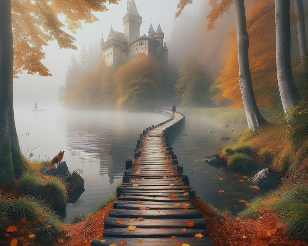 Winding Path Through Misty Autumn Landscape and Castle