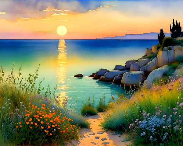 Serene Coastal Landscape at Sunset with Vibrant Hues