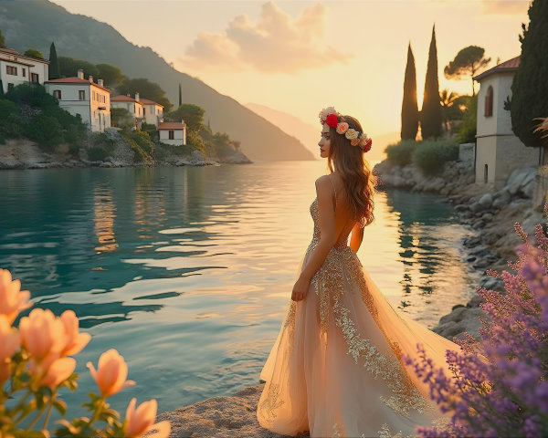 Serene Lakeside Sunset with Woman in Embellished Gown