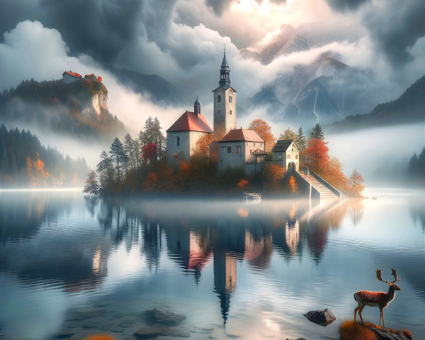 Serene Island Scene with Church and Autumn Trees
