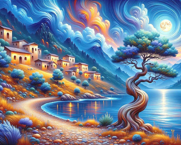 Vibrant Dusk Landscape with Lake and Twisted Tree