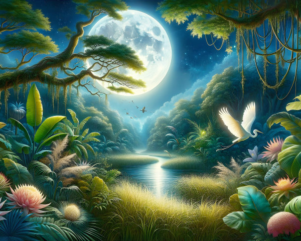 Moonlit Landscape with River and Tropical Flora