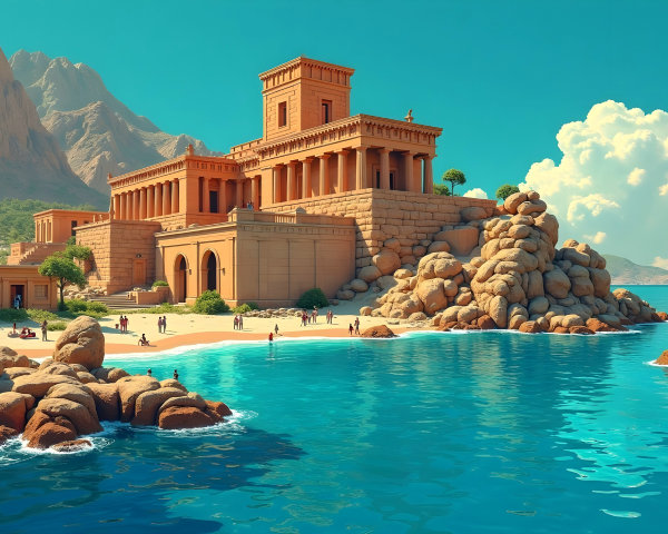 Ancient Temple Overlooking Serene Blue Sea and Mountains
