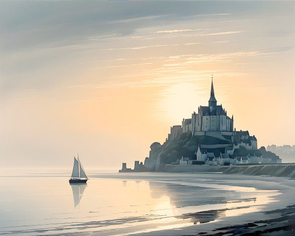 Serene Coastal Scene with Castle and Sailboat