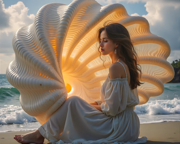 Serene beach scene with woman and luminous seashell