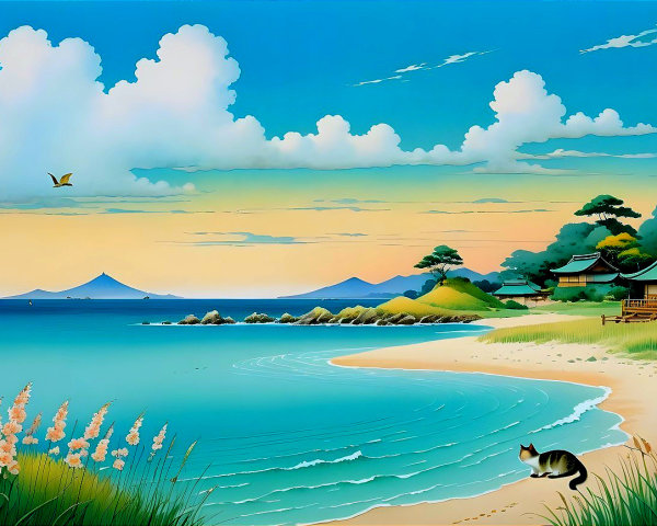 Serene beach scene with cat, hills, and mountains