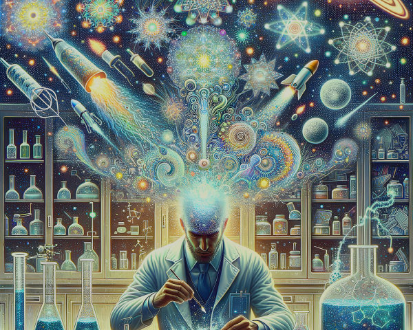 Scientist with glowing head works at laptop amidst cosmic explosion