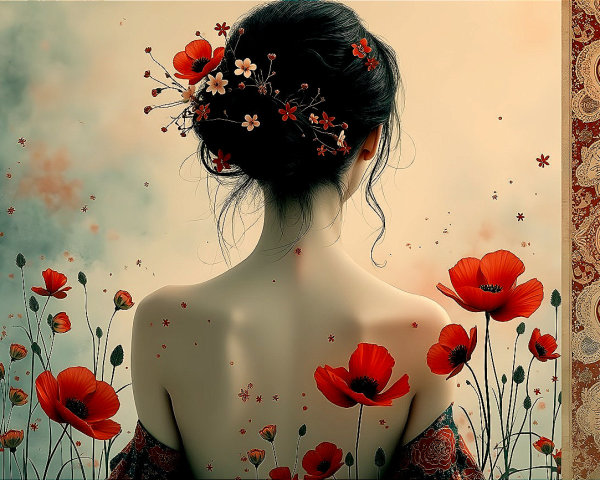 Serene Portrait of a Woman with Flowers and Poppies