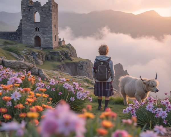 Child in Kilt by Castle with Highland Cow and Wildflowers