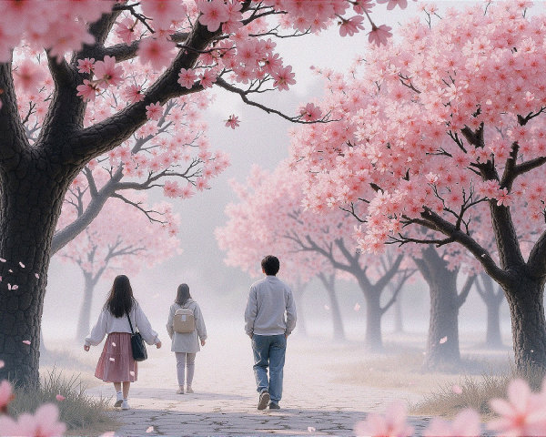Serene Cherry Blossom Pathway with Gentle Mist