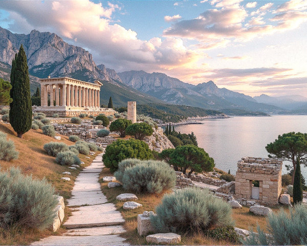 Ancient Ruins by the Coastline at Sunset