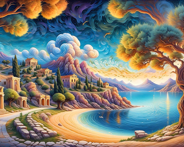 Vibrant Coastal Landscape with Villas and Mountains