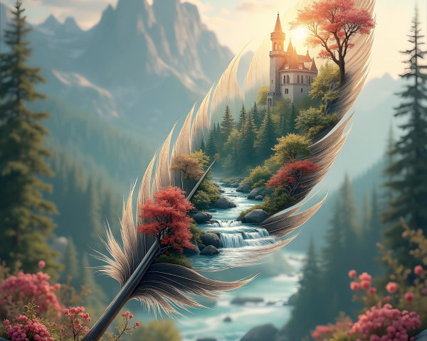 Majestic castle among trees and mountains with stream