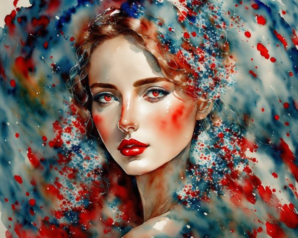 Stylized portrait of woman with red lips and cheeks and paint splatters