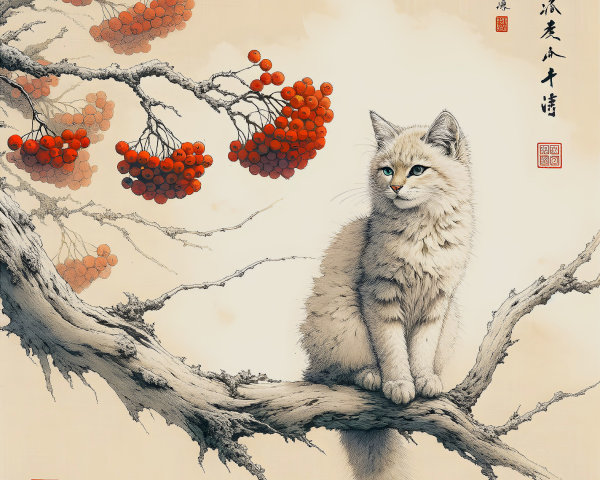Fluffy White Cat on Branch with Red Berries Illustration
